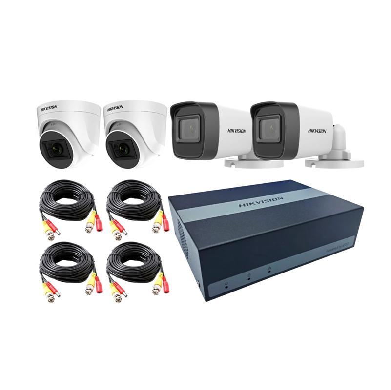 Kit de cámaras Hikvision EDVR 300SSD, 2 camaras balas y 2 domos, 2mp 2.8mm Cables, E04HG2B2T-KIT
